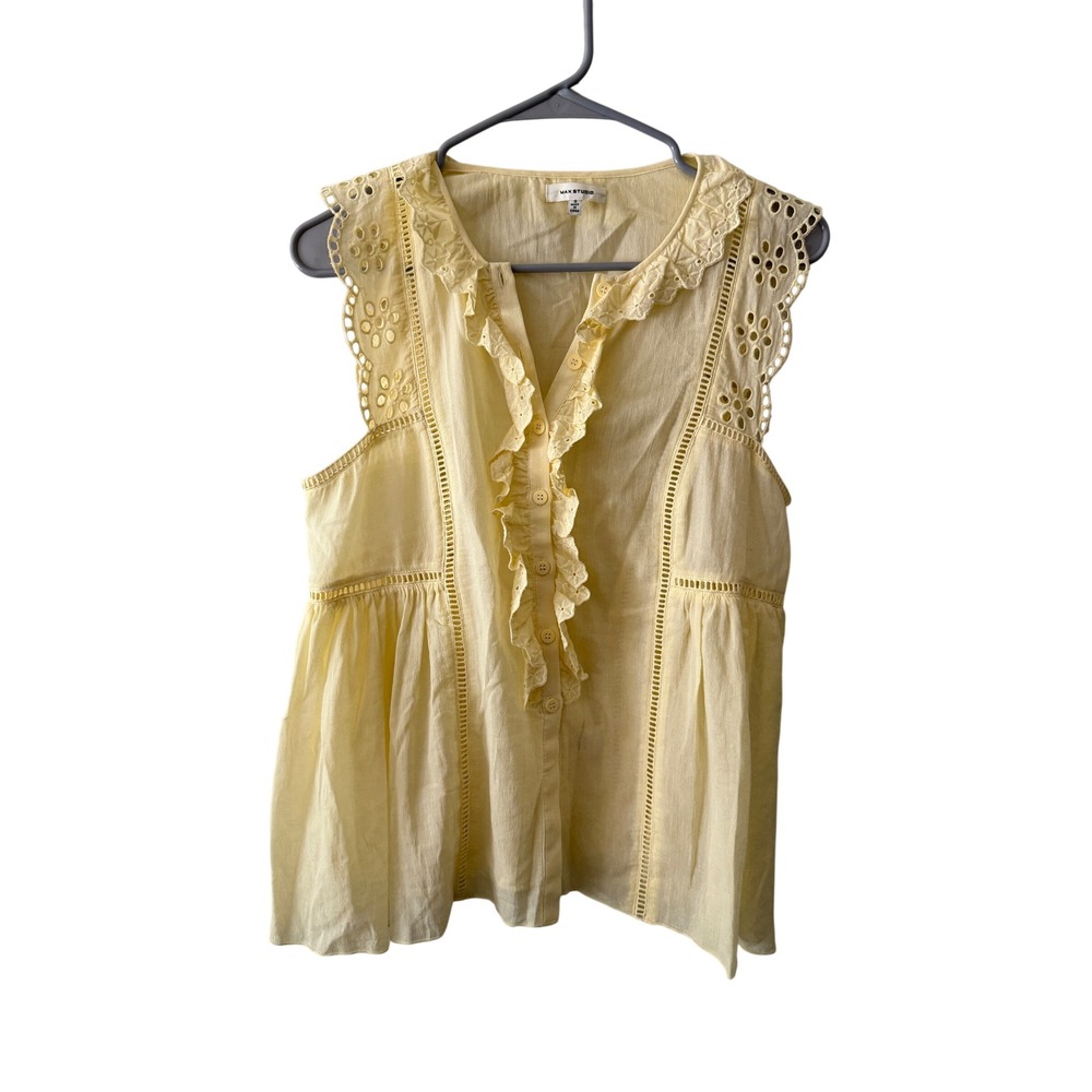 Max Studio Yellow Eyelet Lace Ruffle Sleeveless Babydoll Blouse Top Small